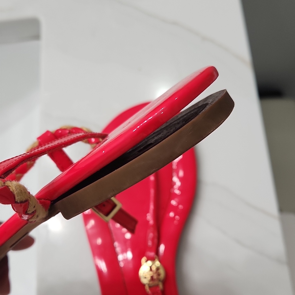 Tory Burch Bright Red Braided Thong Sandals with Gold Logo - Picture 11 of 12